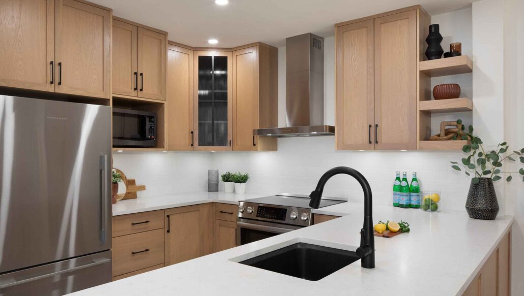 kitchen with bright wood cupboards