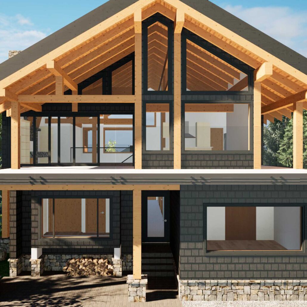 Front exterior of luxury mountain home in Whistler with timber framing, expansive glazing, and welcoming entry design