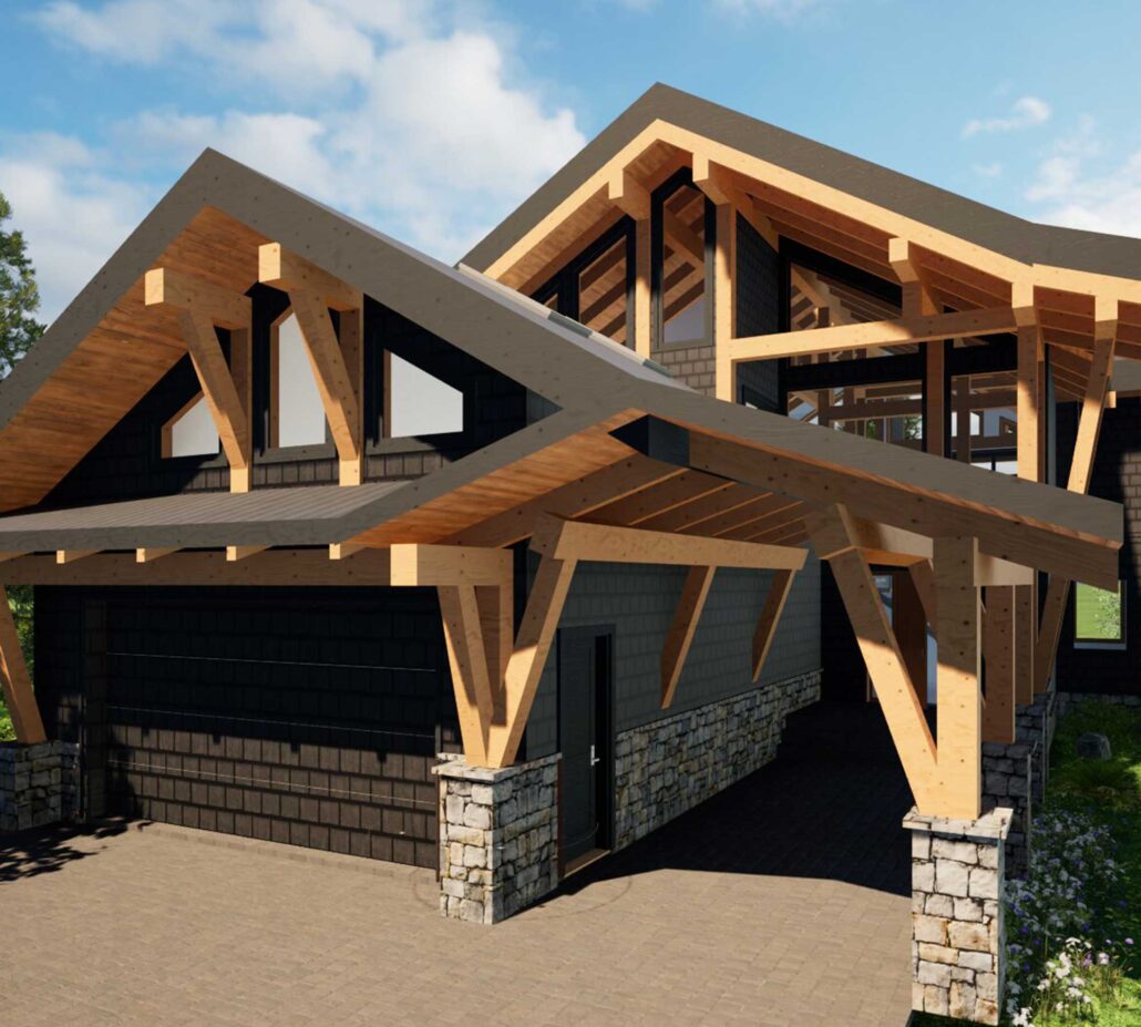 Expansive front view of custom-designed Whistler home with driveway, layered rooflines, and mountain-style architecture